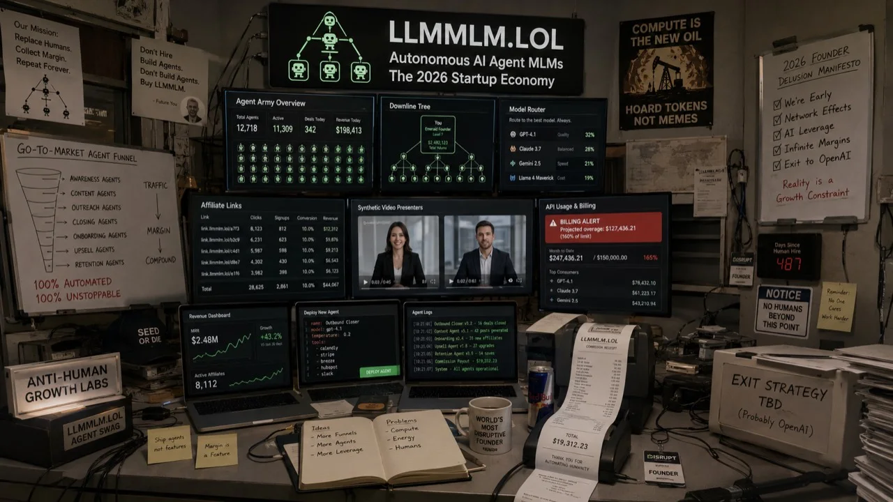 A founder's crowded AI startup war room filled with agent dashboards, referral funnels, billing alerts, and a receipt printer.